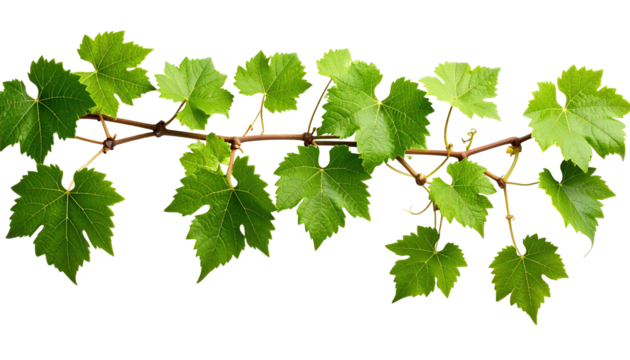 A vibrant, isolated branch of grapevines with multiple lobed green leaves extends horizontally against a black background, with a brown stem