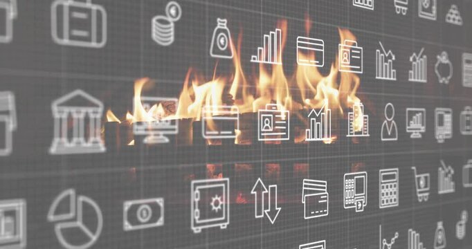 Grid of finance business icons igniting flames while camera panning tilting showing finance trends