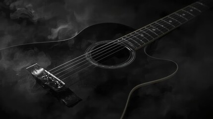 Fototapeta premium Acoustic guitar emerging from dark smoky atmosphere
