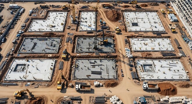 Aerial view of a construction site with multiple building foundations.