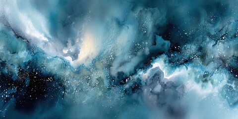 Fototapeta premium Deep teal and gray celestial artistry, exhibiting swirling nebulae and celestial sparkles.