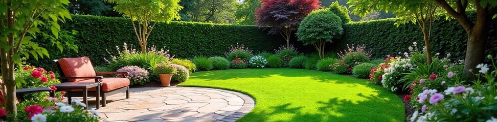 Lush Backyard Oasis Vibrant Flowers, Manicured Lawn, Stone Patio Perfect for Relaxation and Entertaining