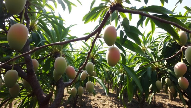 A wide shot of a tropical mango tree with several mangoes hanging naturally - Powered by Adobe