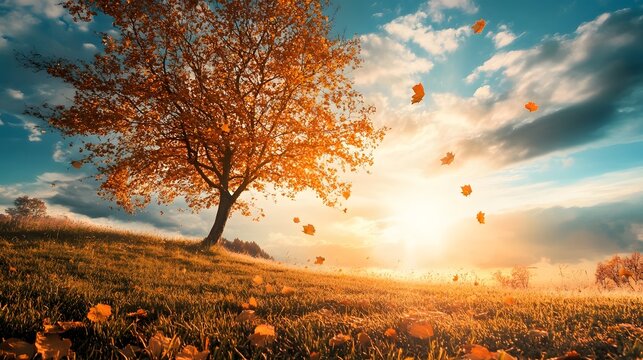 A lone tree with vibrant fall foliage stands in a grassy field as leaves flutter in the wind with the sun setting in the background.