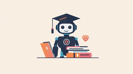 Robot student with books and laptop