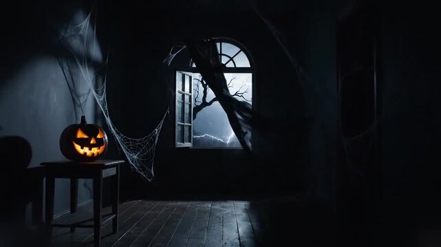 empty dark hall strewn with halloween decorations and spiderwebs, jackolanterns glow as open windows reveal a stormy night with scary lightning and wind blown curtains, ambient terror