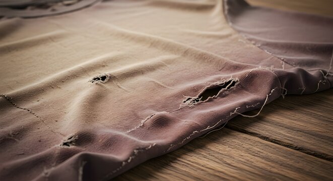 Worn Out Garment with Holes and Tears on Wooden Surface.