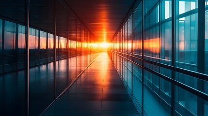 A long, empty corridor in a modern building with large windows on either side. The sun is setting outside, creating a dramatic orange glow.