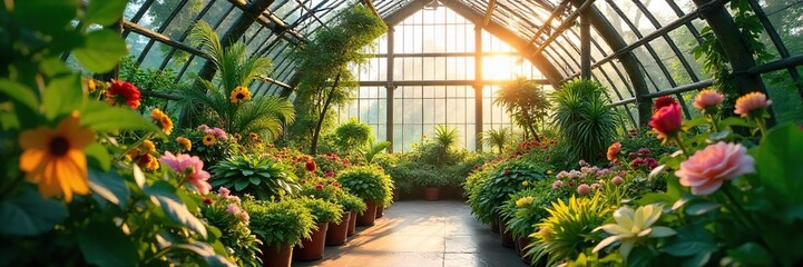 Sunlit Greenhouse Overflowing with Lush Plants and Vibrant Flowers A Thriving Botanical Interior Bathed in Warm, Organic Sunlight