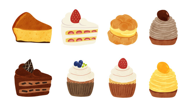 ケーキ8種　水彩風手描きイラスト