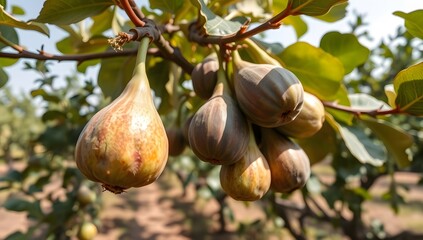 A wide shot of a fig tree showing several figs hanging naturally, The fruits have realistic skin texture and natural color variations visible from distance