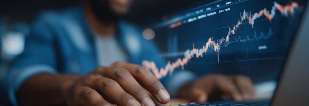 Financial analyst examining dynamic market chart displaying upward investment growth trends carefully. - Powered by Adobe