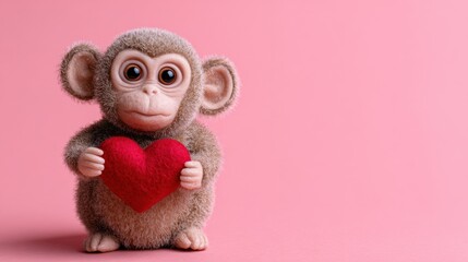 Cute fluffy monkey holding red heart on pink background, ideal for Valentine's Day, love, affection, and sweet gift concepts.