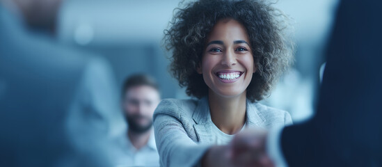 Confident African American businesswoman smiling cheerfully in modern blurred professional corporate office environment.