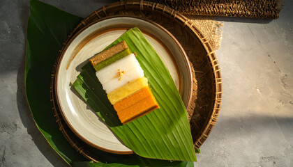 Colorful Steamed Cakes on Banana Leaf with Rustic Decor for Instagram and Food Blogs  