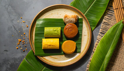 Savory Custard Bowl with Capers and Tropical Sides on Banana Leaf for Pinterest Food Styling  