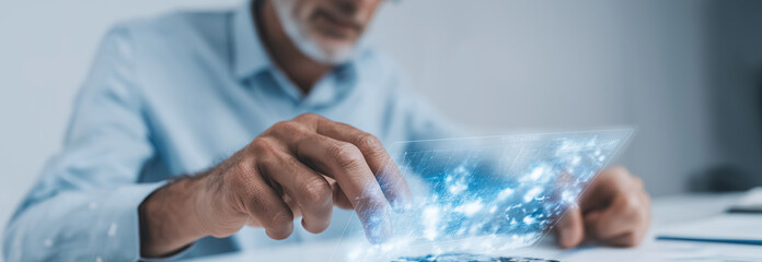 Professional businessman interacts with digital tablet displaying illuminated technological interface at workspace.