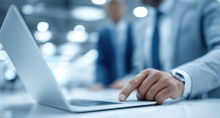 Professional businessperson types on laptop keyboard during formal corporate workspace meeting environment.