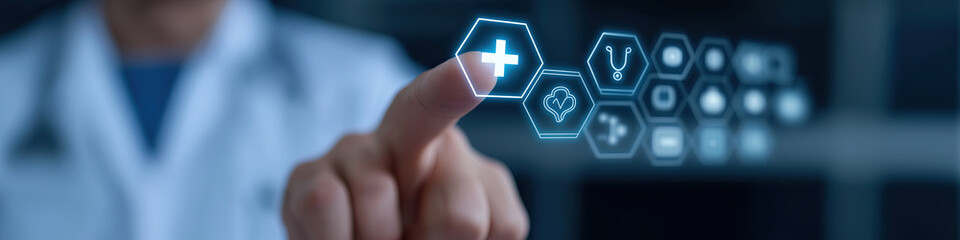 Medical professional interacts with holographic healthcare technology displaying interconnected diagnostic symbols.

