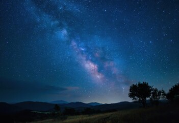 Fototapeta premium Milky Way Galaxy Over Mountainous Landscape at Night, Vast Starry Sky with Blue and Purple Cosmic Clouds, Ideal for Astronomy and Nature Exploration Concepts.