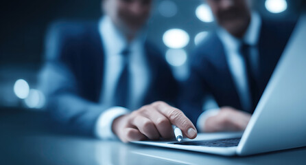Business professionals collaborate during office meeting with laptop technology present.
