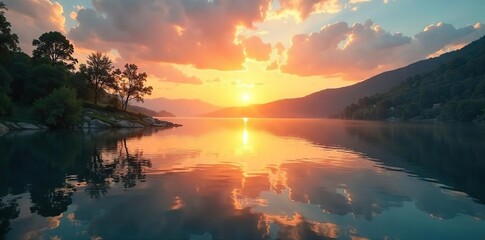 Serene Sunrise over Tranquil Lake Peaceful Morning Meditation and Prayer Background