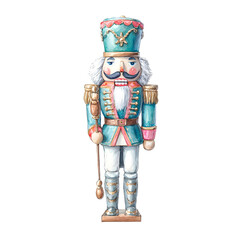 Obraz premium Festive watercolor nutcracker toy soldier for winter holiday decoration.