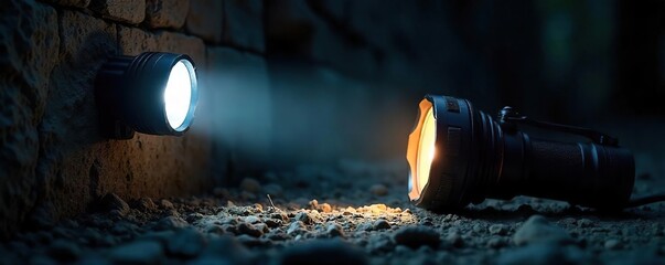 Powerful Flashlight Beam Pierces Darkness, Illuminating Rough Stone Wall; Robust Design Emphasized in Dramatic Nighttime Exploration Scene