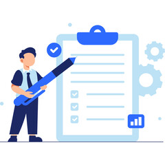 Man in Blue Vest and Tie Holding Large Blue Pen Filling Out Checklist on Clipboard with Gear Icons and Small Chart Graphic