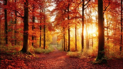 Obraz premium Autumn Forest Pathway with Vibrant Leaves and Soft Sunlight Glow