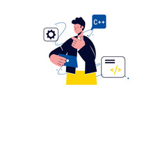 Male Coder Gesturing Towards Digital Interface with Cpp Code Symbol and Gear Icon on Transparent Background