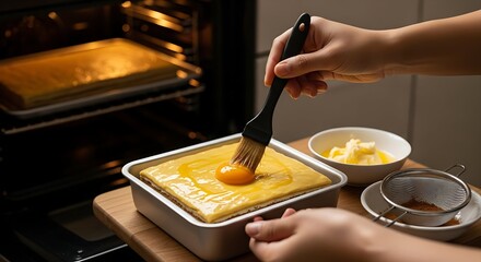 A hand is brushing an egg wash onto a dough square in a baking pan, preparing a sweet dessert. An oven is visible in the background.