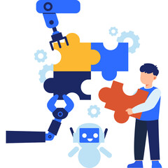 Man and Robot Assembling Jigsaw Puzzle Pieces with Robotic Arm and Gears on Transparent Background