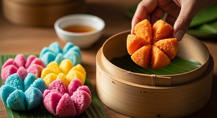 A hand is taking a colorful Kue Apem, a steamed cake shaped like a flower, from a bamboo steamer basket. Other colorful cakes are displayed.