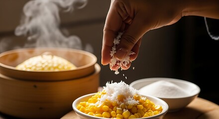 A hand is sprinkling grated coconut over a bowl of steamed sweet corn, a popular traditional Indonesian dessert or snack.