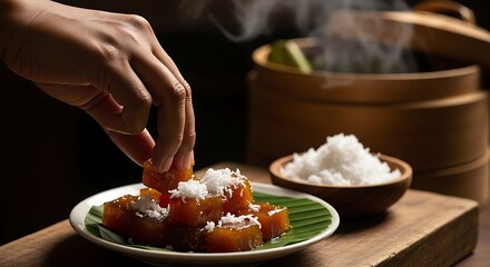 A hand is taking a piece of Kue Talam Gula Merah, a steamed cake with a brown sugar base, topped with grated coconut.