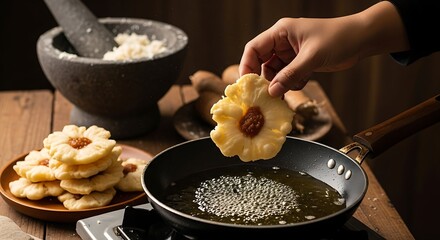 A hand is dropping a pineapple tart or Nastar into hot oil for frying. Other tarts are stacked on a plate nearby.