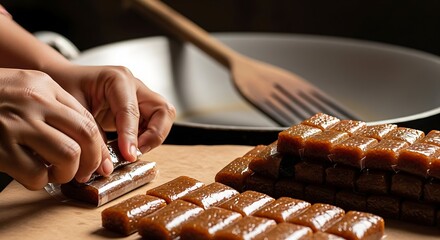 A person's hands are unwrapping a traditional Dodol or Galamai candy. The sweet and sticky treats are neatly stacked on a wooden board.