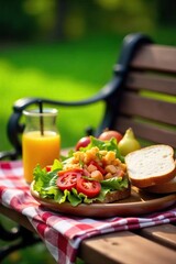 Sunny Picnic Lunch on Park Bench Fresh Bread, Colorful Vegetables & Fruit