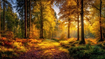 Obraz premium Serene Autumn Forest Landscape with Vibrant Colors and Light