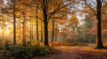 Fototapeta premium Serene Autumn Forest Path with Golden Leaves and Soft Light