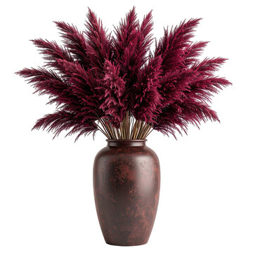 A stylized image showcases a deep red, fluffy arrangement resembling pampas grass. It sits in a tall, textured brown vase against a solid black backdrop