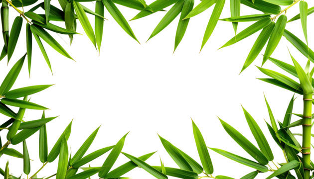 A vibrant border is formed by lush, green bamboo leaves and stalks. The frame encloses a black, empty space. The natural arrangement suggests growth and a sense of calm
