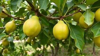 A guava tree showing a few ripe guavas naturally hanging