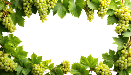 A vibrant frame of green grape clusters and lush leaves encircles a solid black center. The grapes are ripe and plump, with fresh, healthy foliage. The image suggests abundance