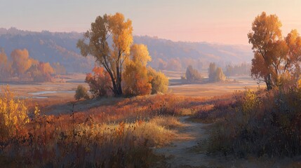 Serene Autumn Landscape with Colorful Foliage and Gentle Hills