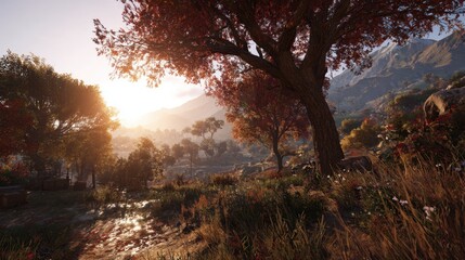 Serene Autumn Landscape with Colorful Foliage and Warm Sunlight