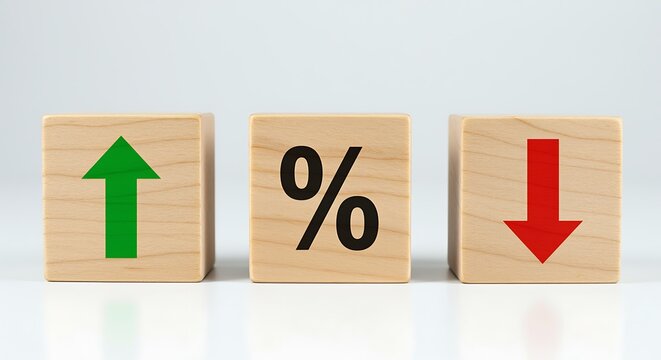 Three wooden blocks with green up arrow percent sign and red down arrow cube