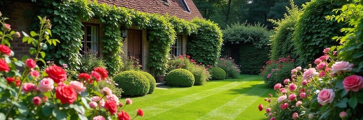 Idyllic English Cottage Garden Vibrant Blooms, Rambling Roses, and Lush Greenery Overflowing with Rustic Charm