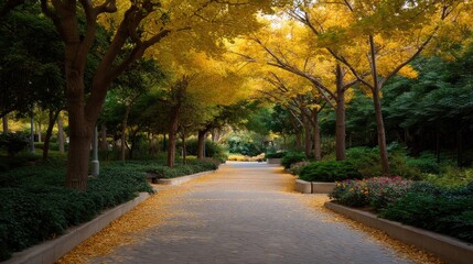 Fototapeta premium Vibrant Autumn Vacation Pathway Surrounded by Golden Leaves and Lush Green Trees in a Tranquil Park